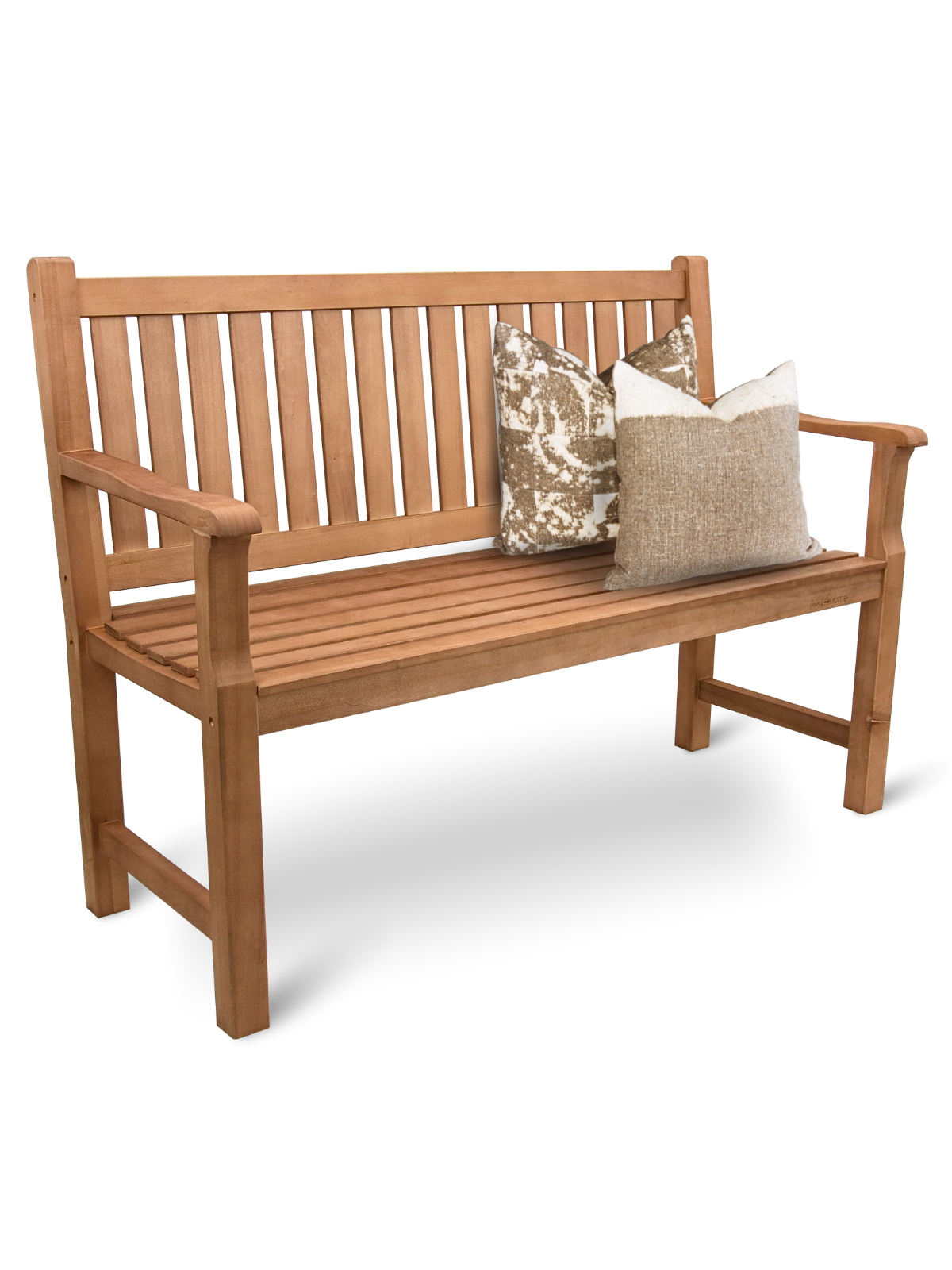 Tuinbank van hout 120 cm met armleuningen en twee sierkussens, vooraanzicht