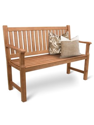 Tuinbank van hout 120 cm met armleuningen en twee sierkussens, vooraanzicht