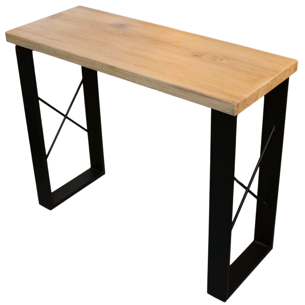 Consoletafel van massief eikenhout met zwart metalen onderstel en X-stutten, schuin aanzicht