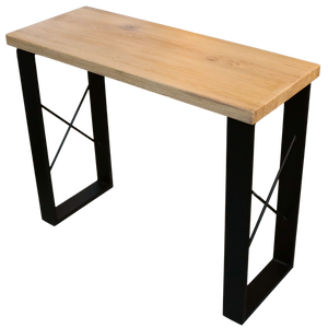 Consoletafel van massief eikenhout met zwart metalen onderstel en X-stutten, schuin aanzicht