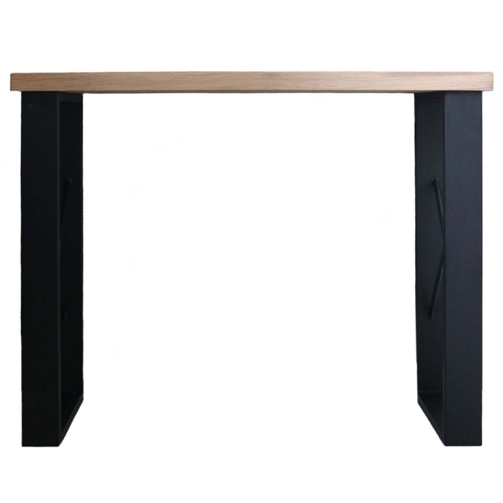 Consoletafel van eikenhout op zwart metalen onderstel, vooraanzicht
