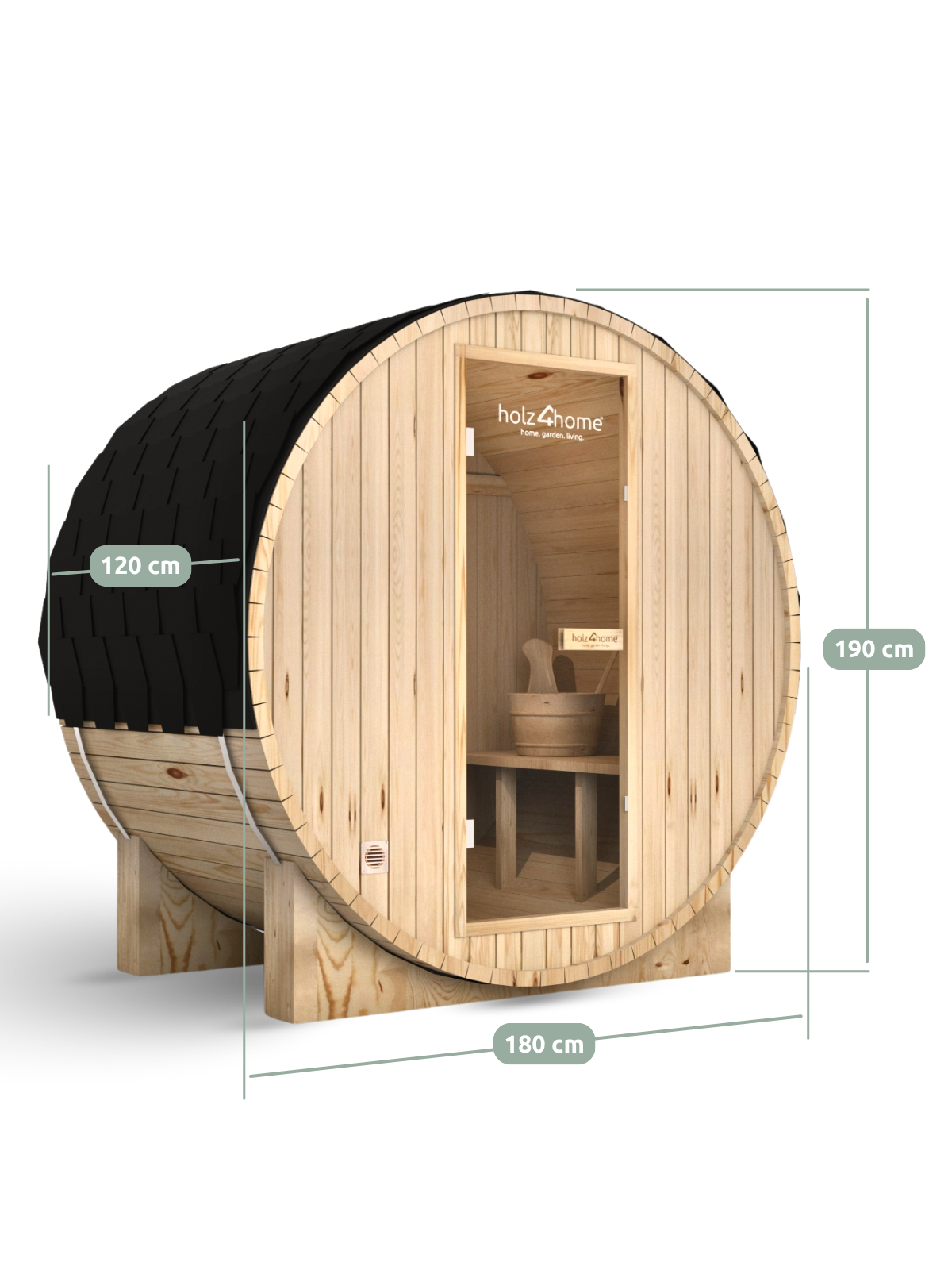 Maattekening barrelsauna Pini Wood, 180 cm lang, 190 cm hoog, 120 cm breed