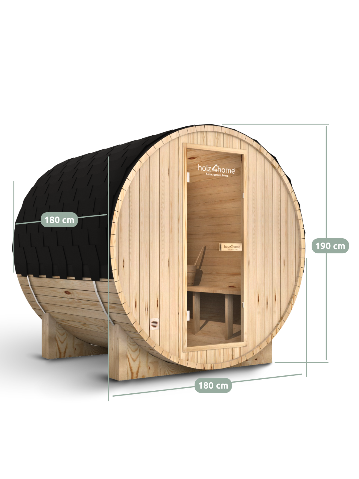 Maattekening barrelsauna L Pini Wood: 180 cm lang, 180 cm breed, 190 cm hoog
