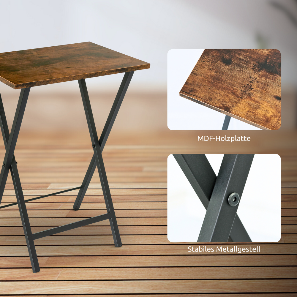 Bijzettafel op houten vloer met detailbeelden van het MDF-houten blad en het metalen onderstel