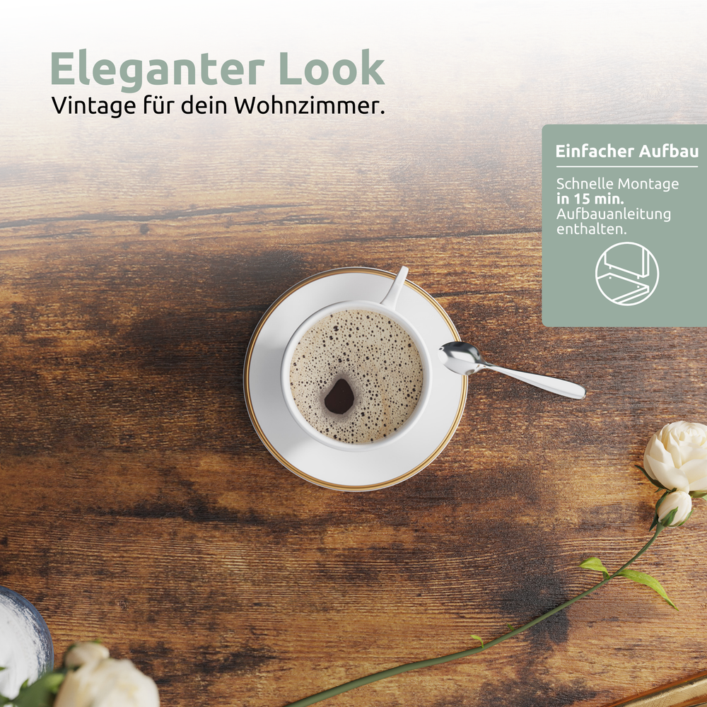 Vintage houtlook van het tafelblad van bovenaf met koffiekopje en rozen, elegante look