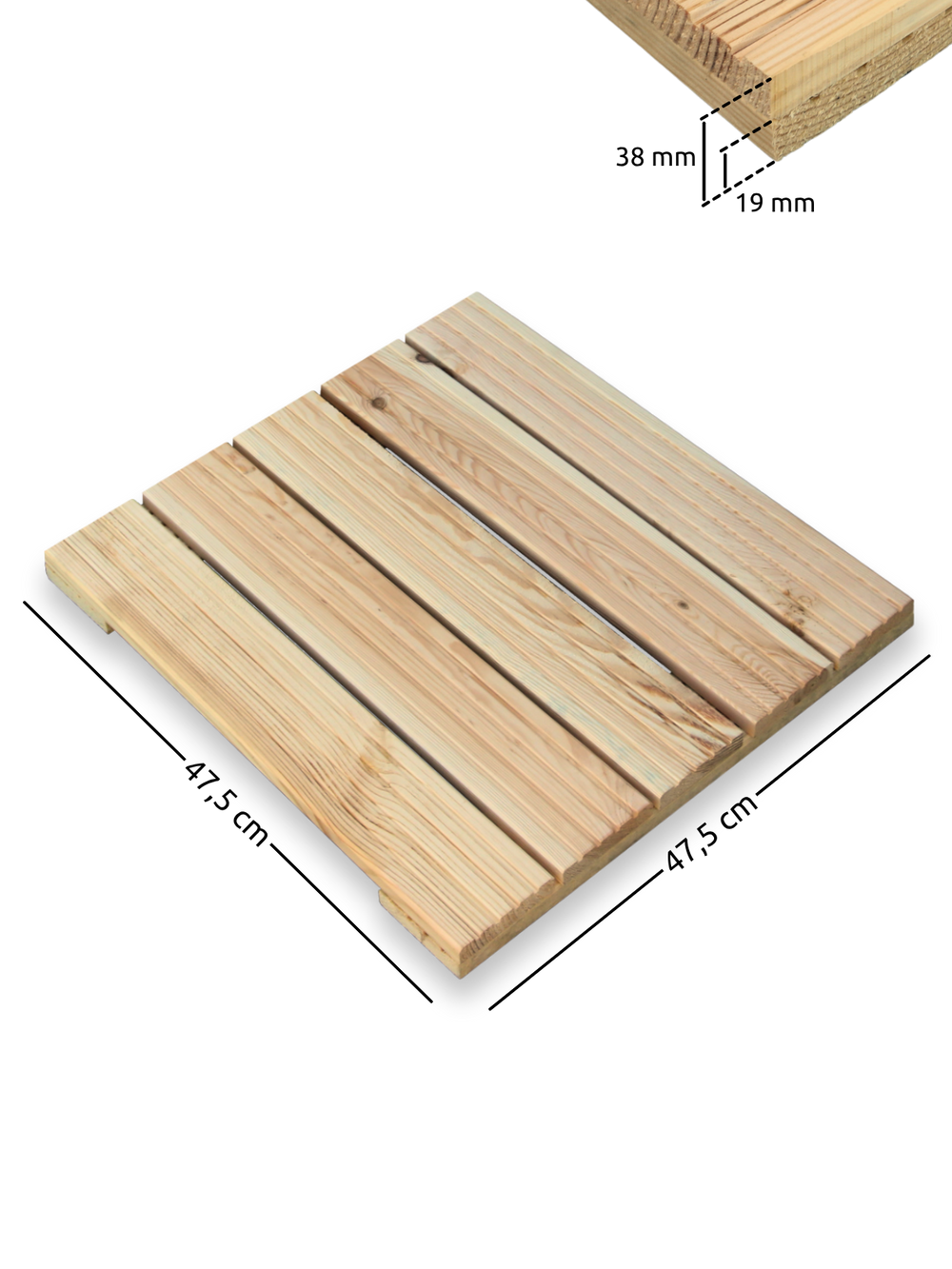Maattekening van de terrastegel van grenenhout met 47,5 x 47,5 cm en 38 mm hoogte van de latten