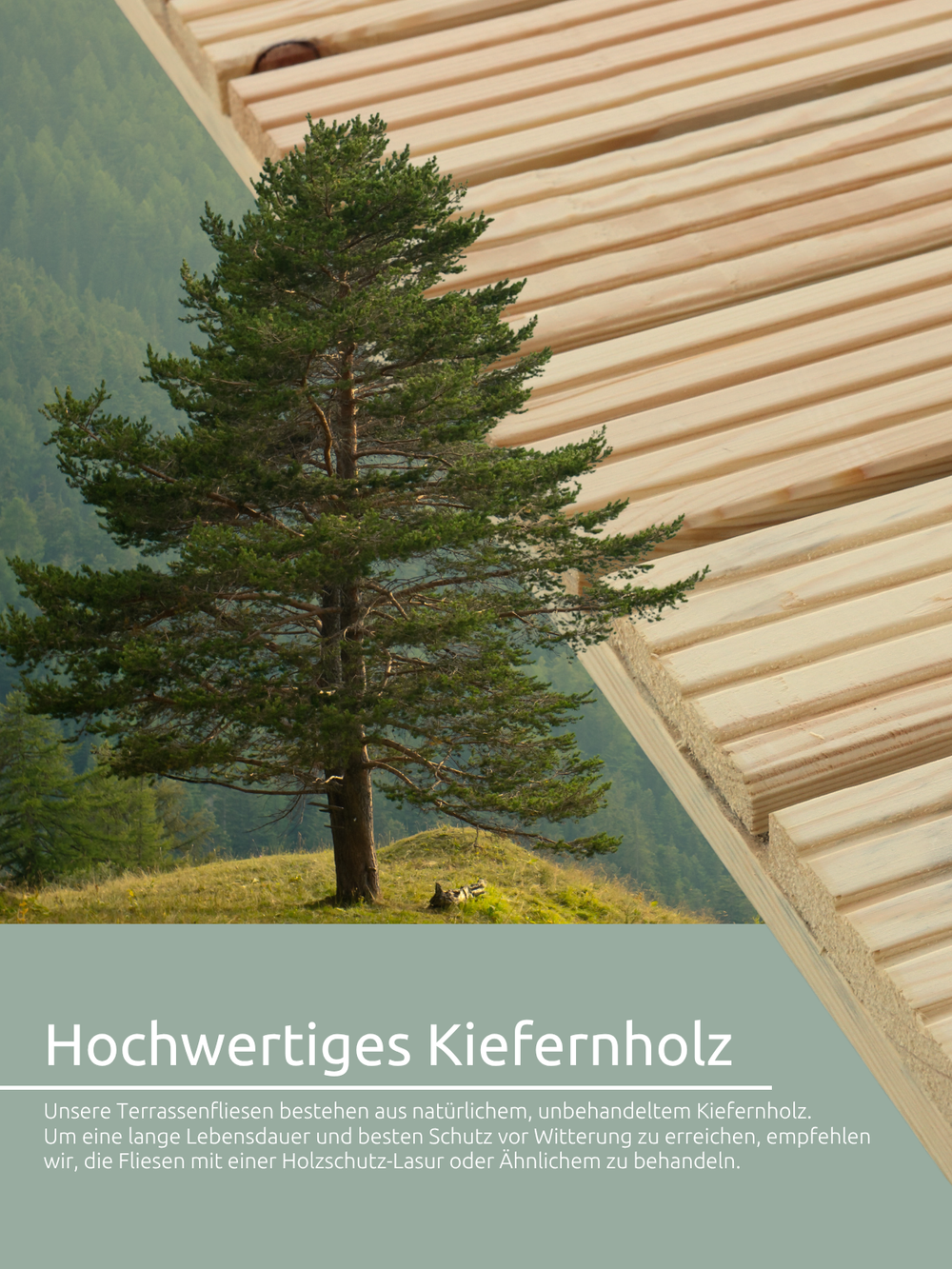 Infographic over de terrastegels van hoogwaardig, onbehandeld grenenhout met onderhoudstip