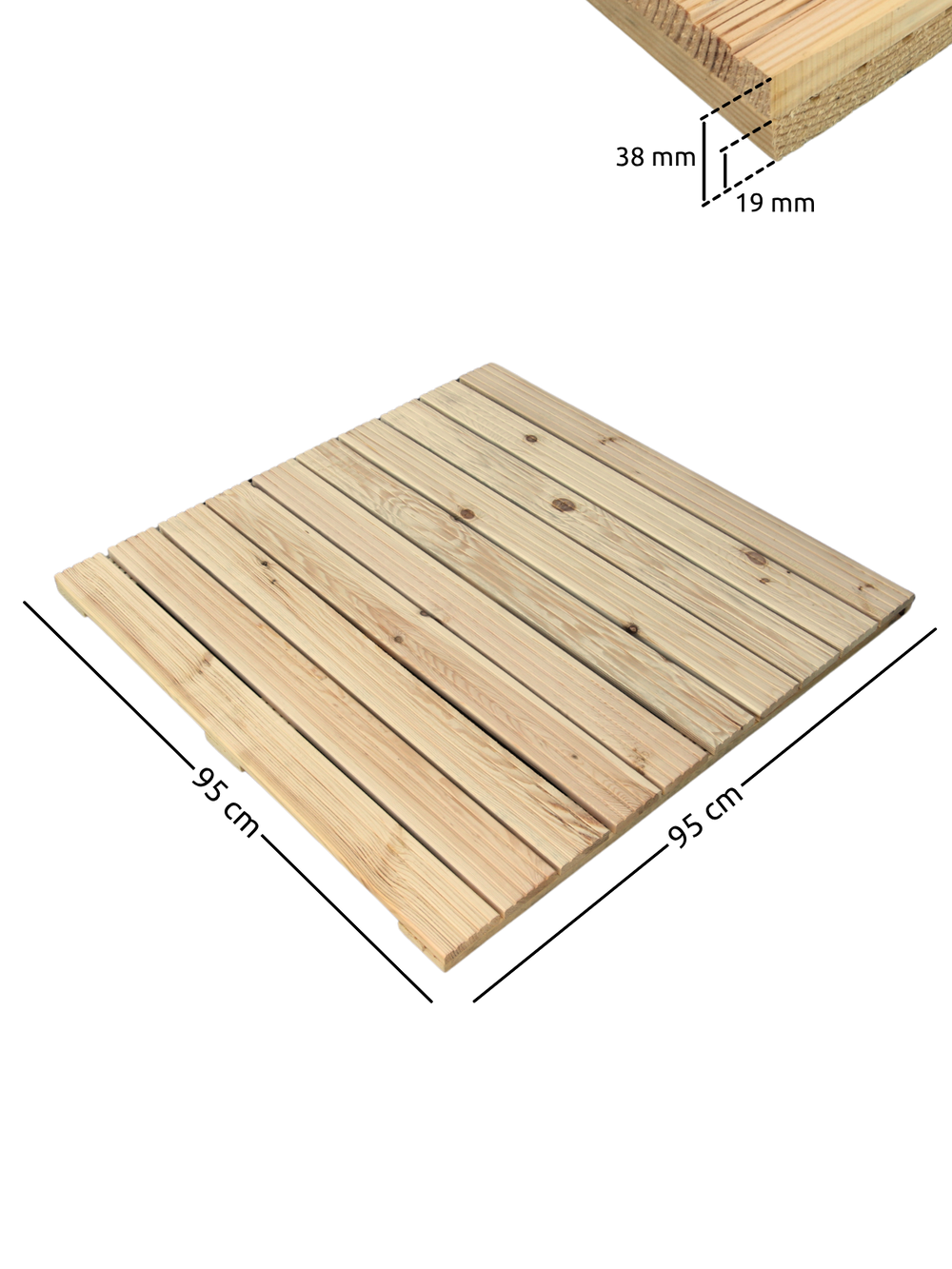 Maattekening van de terrastegel van grenenhout met 95 x 95 cm en 38 mm hoogte van de latten
