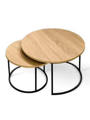 Salontafel set van 2 van MDF in Sonoma eiken met zwart metalen onderstel, vrijstaand