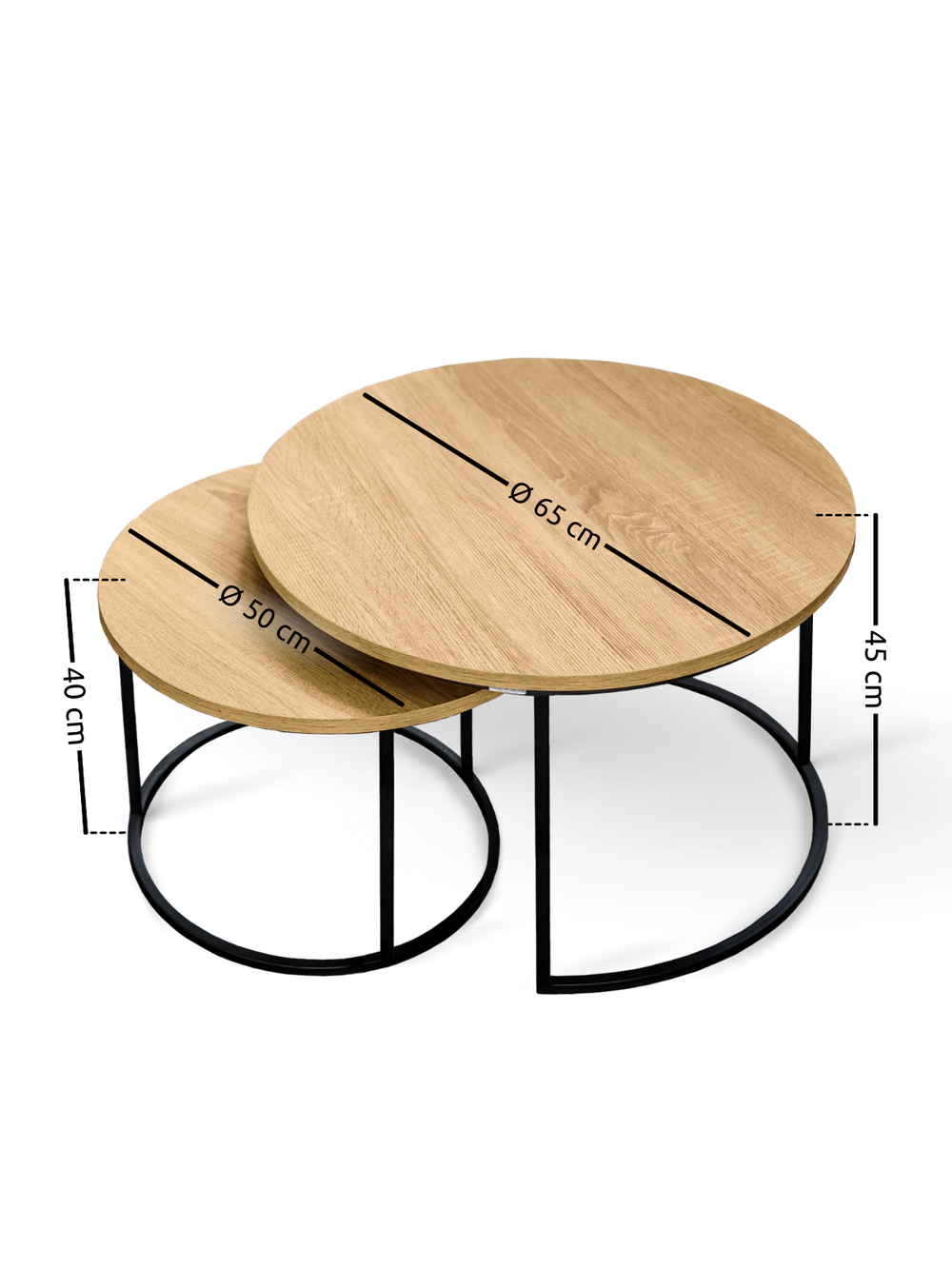 Maattekening salontafelset: grote tafel Ø 65 cm, 45 cm hoog, kleine Ø 50 cm, 40 cm hoog