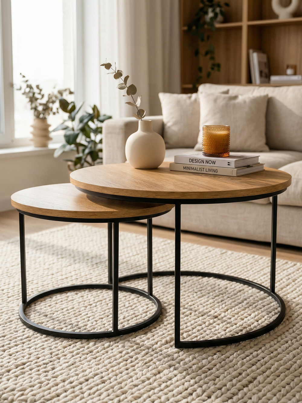 Salontafelset Sonoma eiken met vaas en boeken voor beige bank