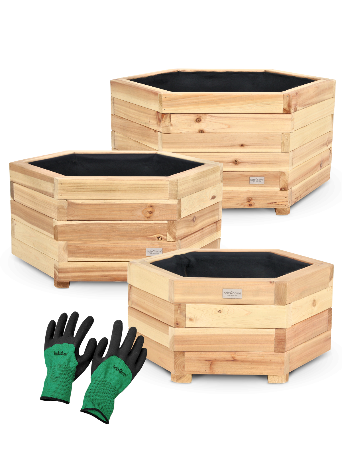 Set van drie zeshoekige plantenkuipen van grenen in drie maten met groene tuinhandschoenen, vrijstaand