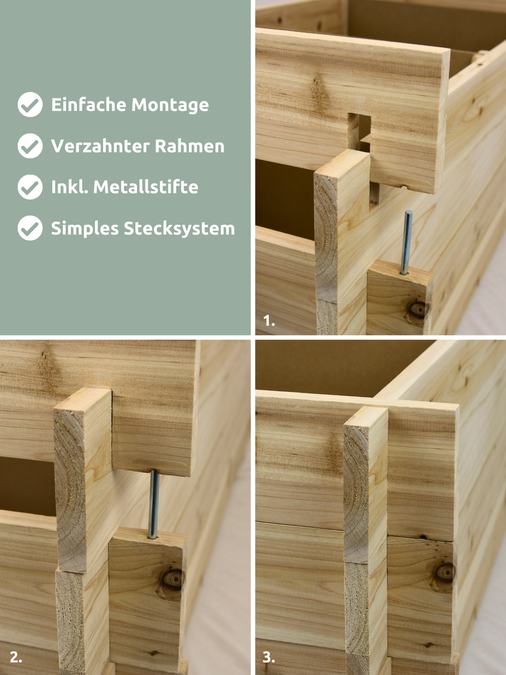 Infographic opbouw moestuinbak van vurenhout: getand frame met metalen pinnen in steeksysteem