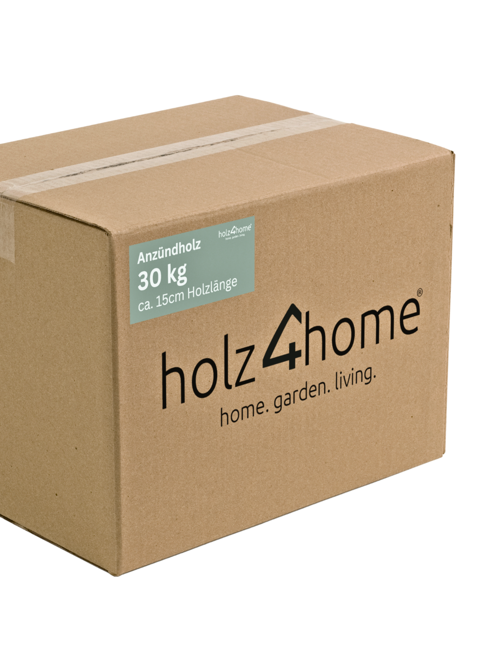 Doos aanmaakhout met label 30 kg en ca. 15 cm houtlengte, zonder inhoud