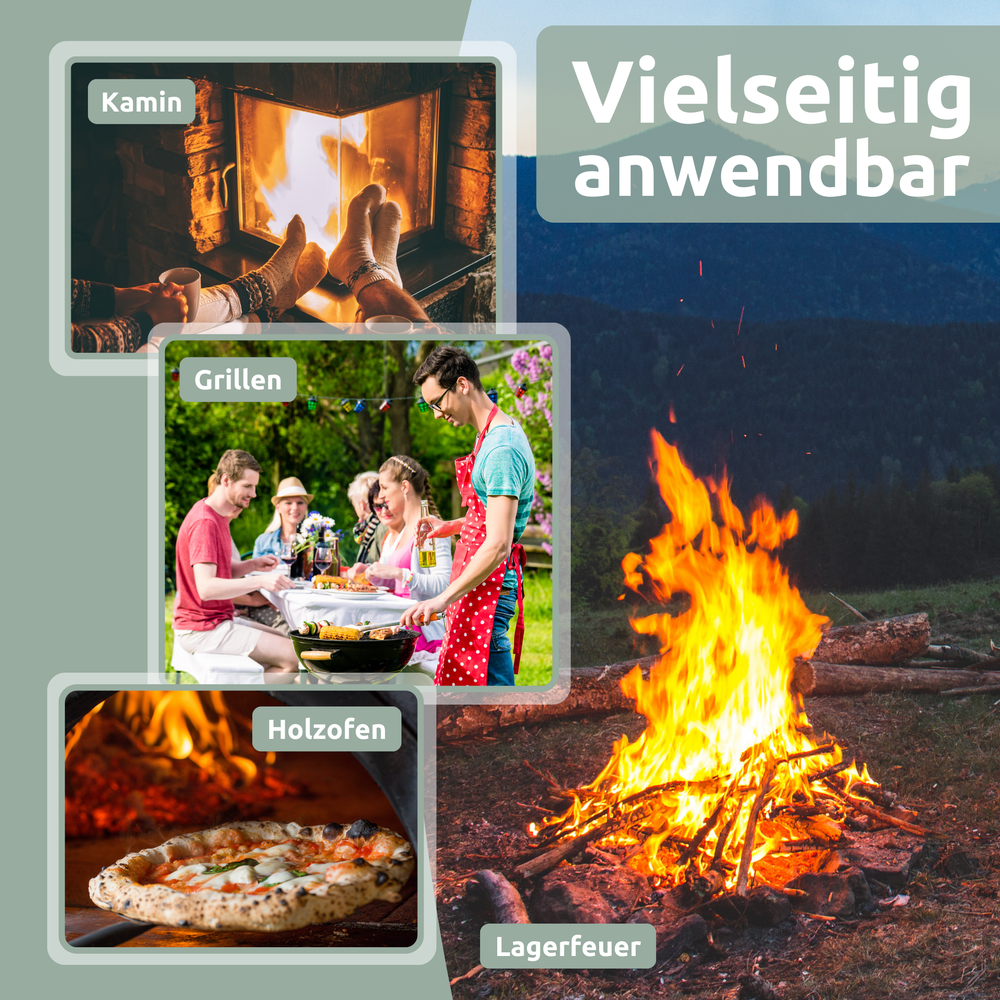 Toepassingen voor berken brandhout: open haard, barbecueën, houtkachel en kampvuur in beeldcollage
