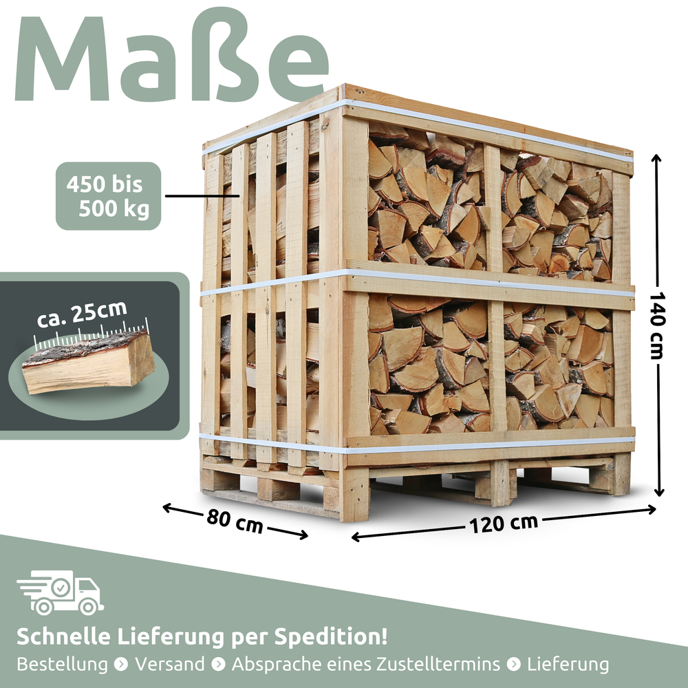 Afmetingen van de berken brandhoutkist: 80 x 120 x 140 cm, 450 tot 500 kg, bloklengte ca. 25 cm