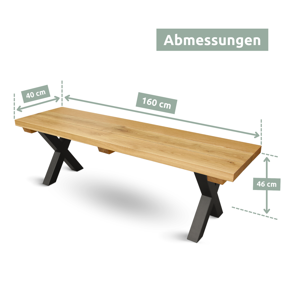 Maattekening van de eiken bank voor buiten, 160 cm lang, 40 cm diep en 46 cm hoog