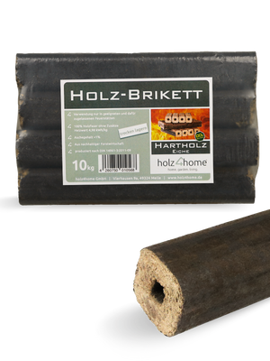Pini Kay houtbriketten van hardhout eiken in het 10-kg-pakket met losse brikettenstaaf en rond haardbriket