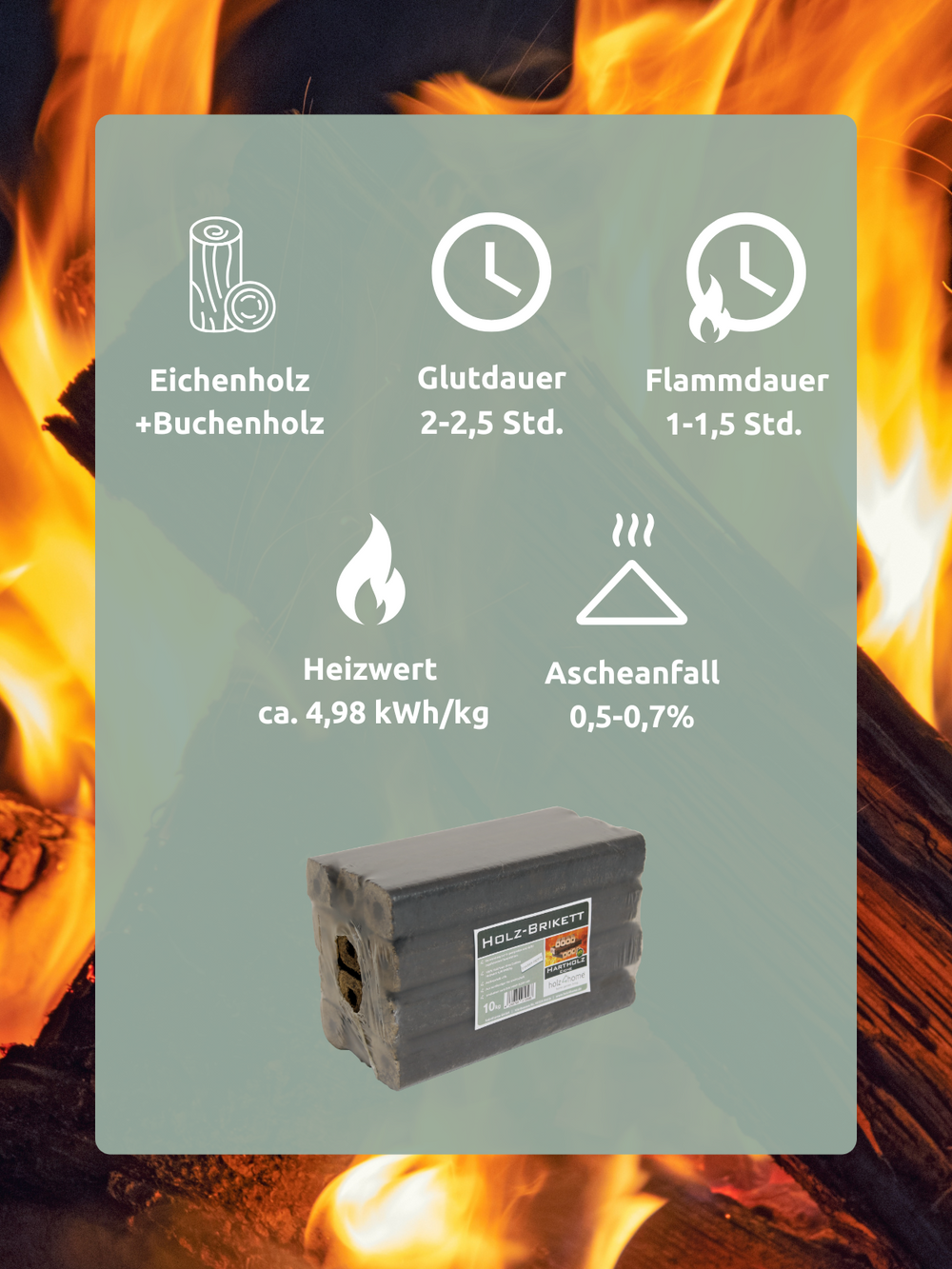 Infographic over Pini Kay houtbriketten: eiken- en beukenhout, gloedduur 2-2,5 uur, verbrandingswaarde 4,98 kWh/kg
