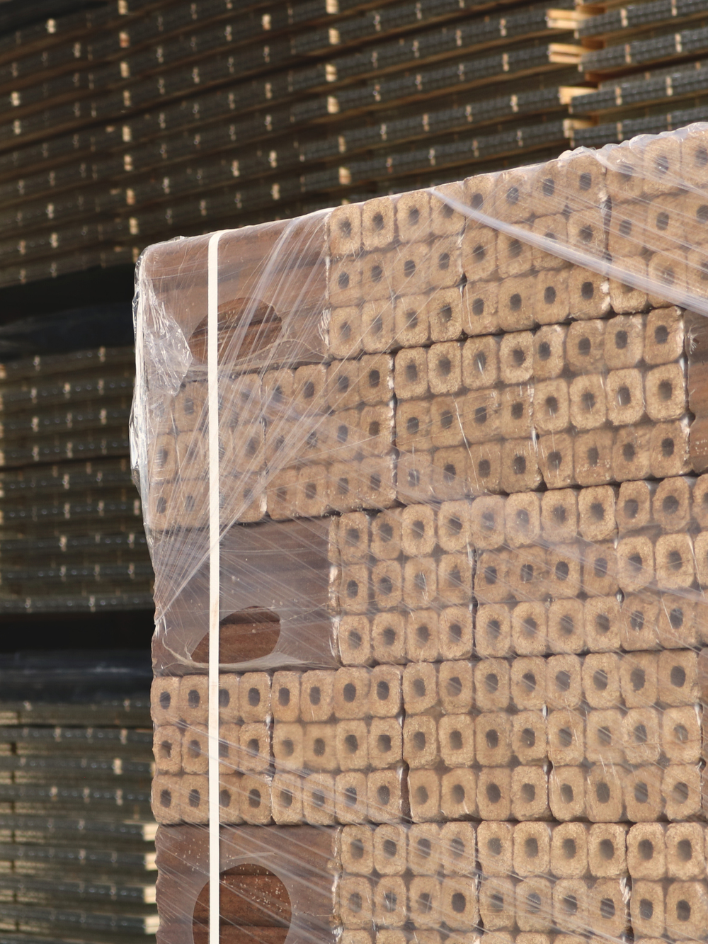 Close-up van gestapelde eikenbriketten aan de gefolieerde pallethoek in het magazijn