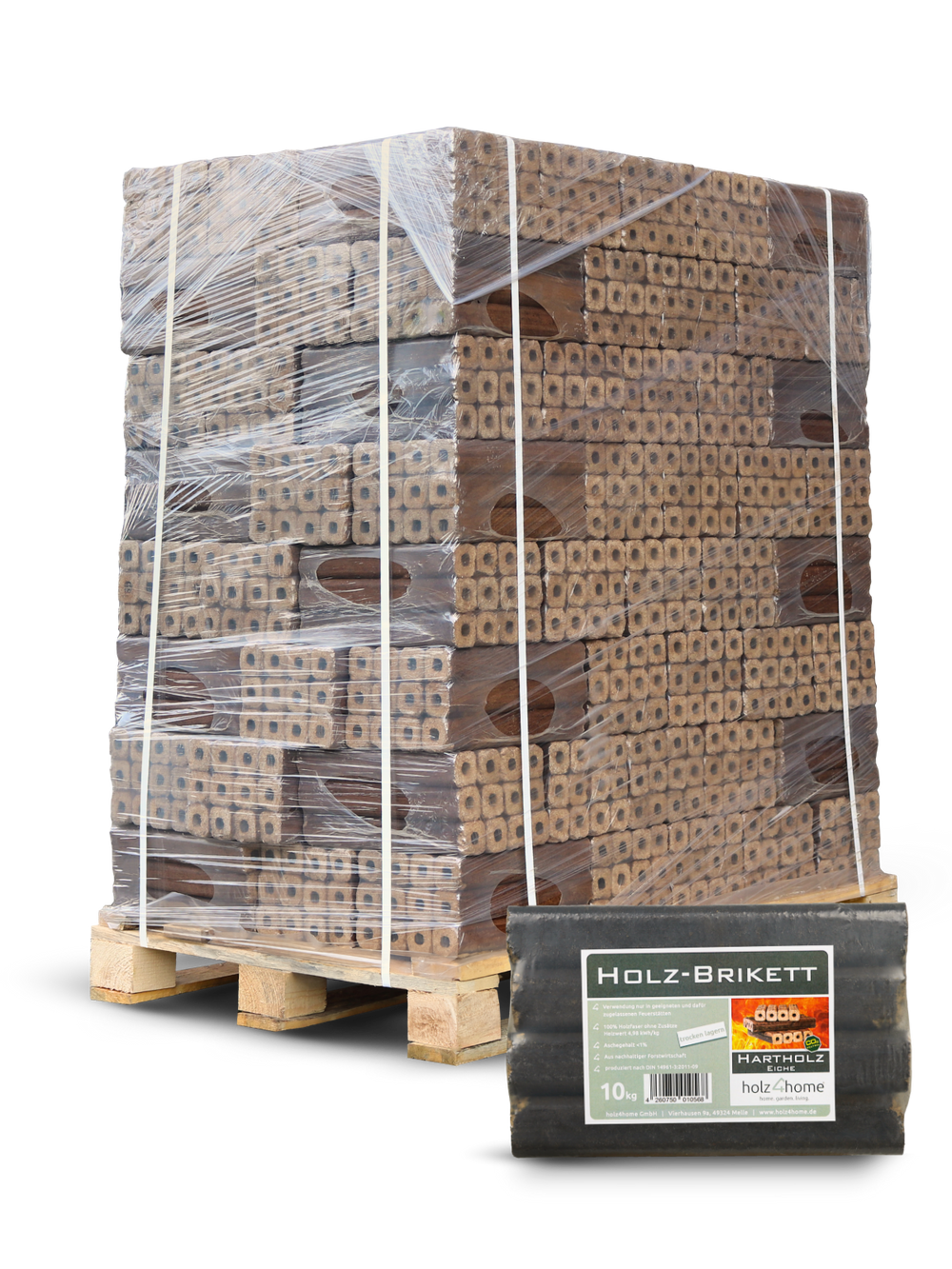 Pini Kay eikenbriketten, foliegewikkelde pallet van 960 kg met los pakket van 10 kg ervoor