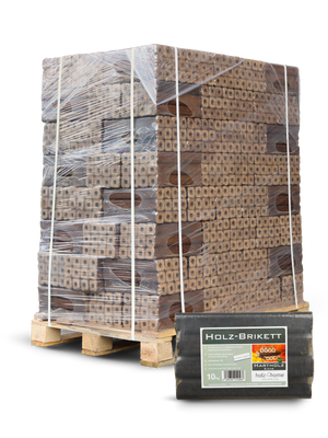 Pini Kay eikenbriketten, foliegewikkelde pallet van 960 kg met los pakket van 10 kg ervoor