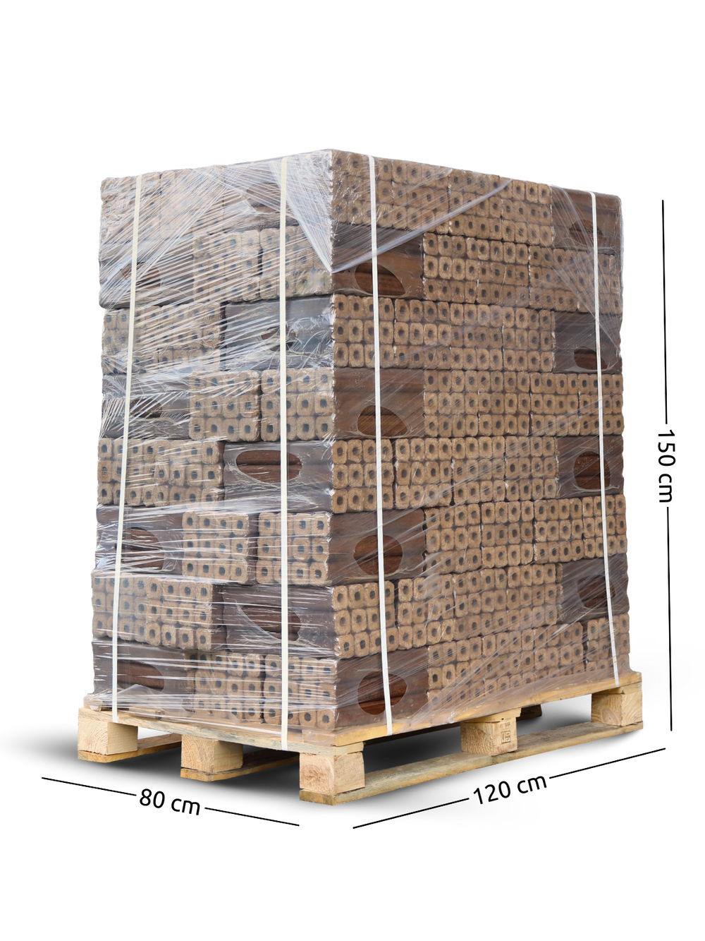 Foliegewikkelde pallet van 960 kg Pini Kay eikenbriketten, zijaanzicht