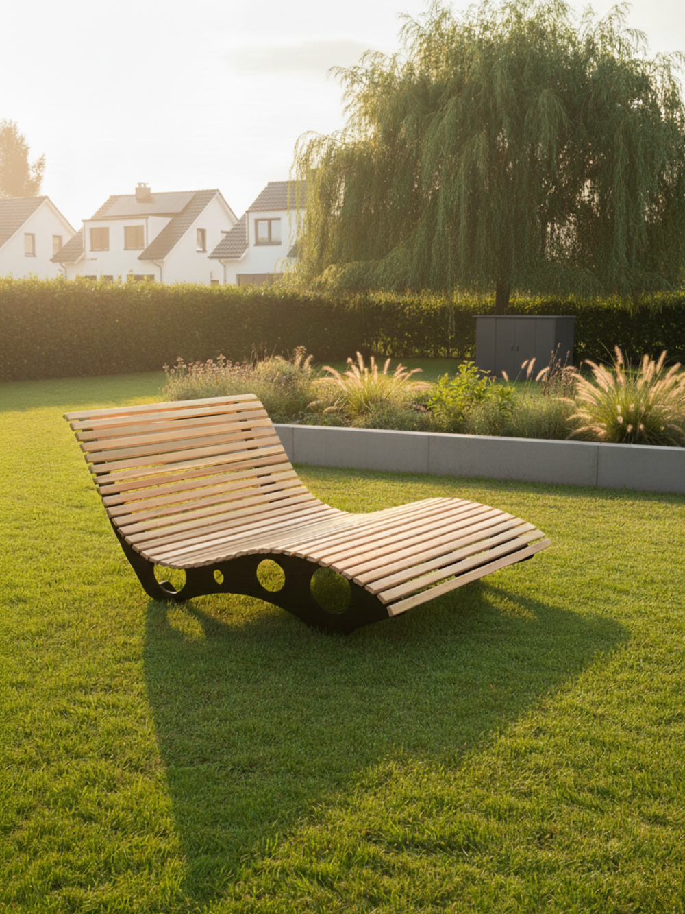 Houten ligstoel van grenenhout op een gazon in de tuin bij avondzon voor een treurwilg