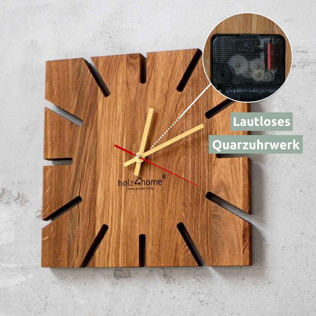 Wandklok Sunshine van eikenhout aan de muur met detailweergave van het geruisloze kwartsuurwerk in de uitsnede
