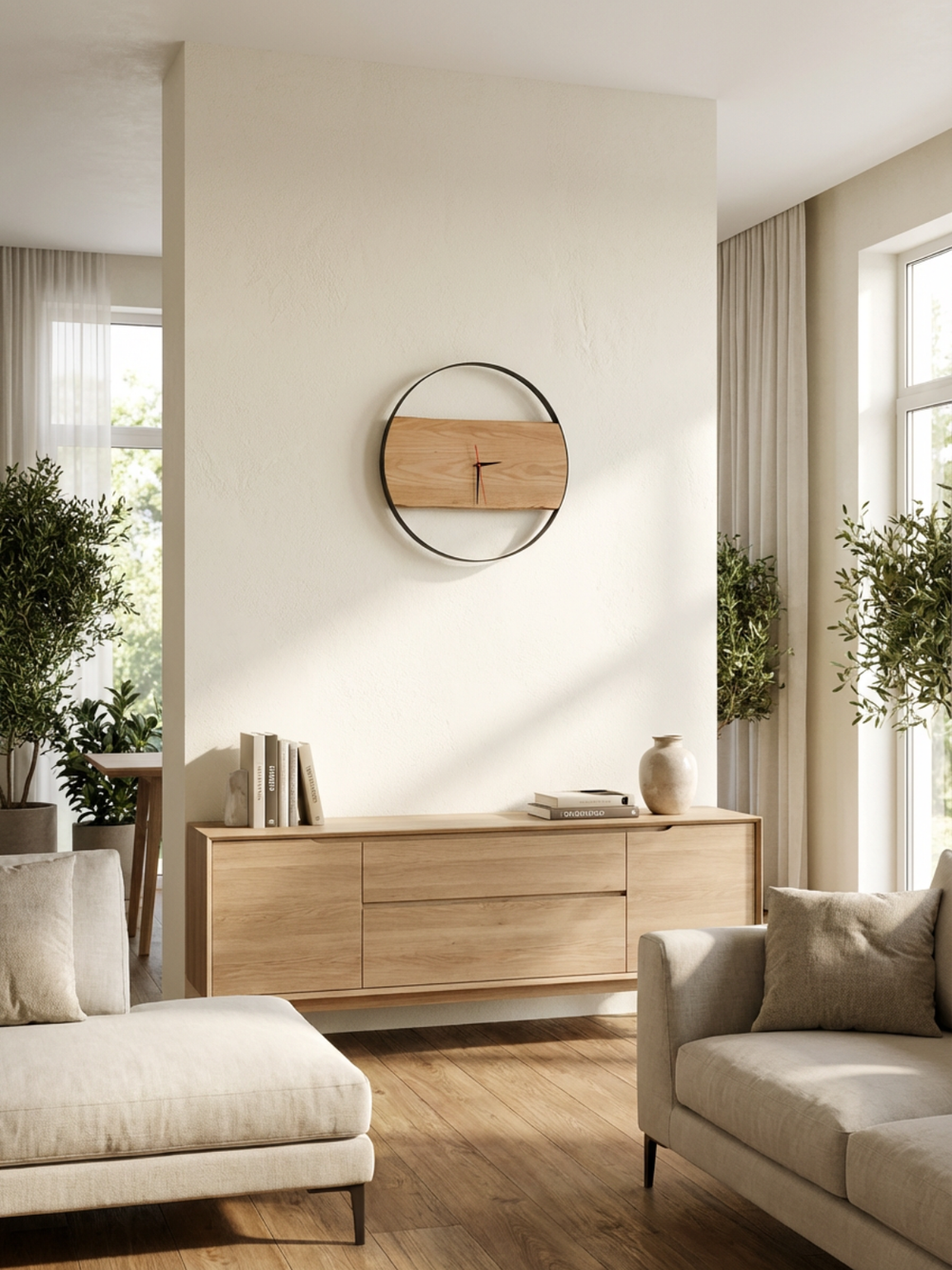 Ronde wandklok met stalen ring en eikenplank aan een lichte muur boven een sideboard van eiken