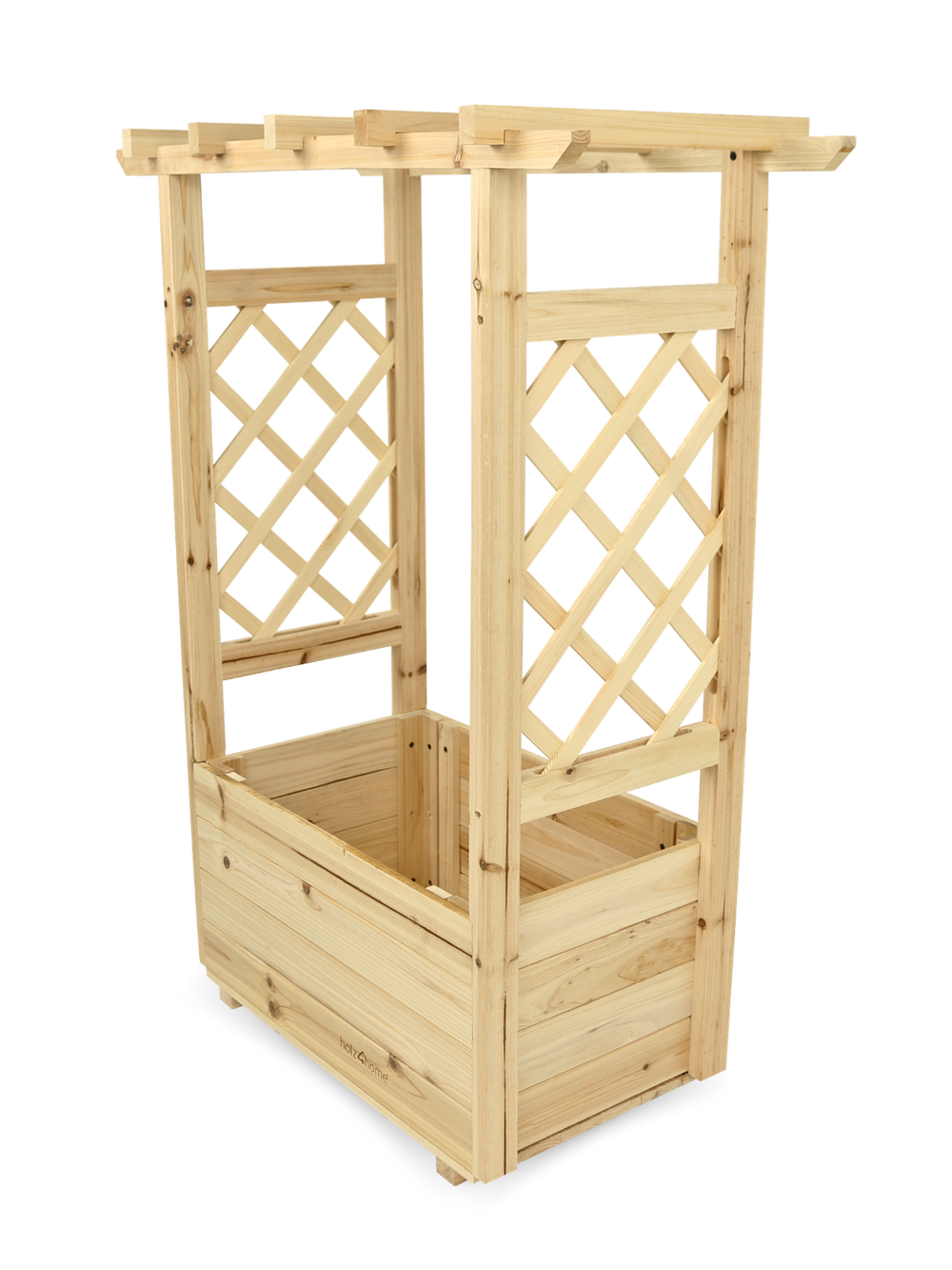 Plantenbak met dak van vurenhout met klimrek en pergola, onbeplant in schuin aanzicht