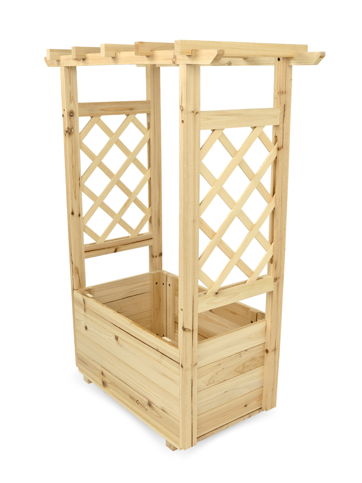 Plantenbak met dak van vurenhout met klimrek en pergola, onbeplant in schuin aanzicht
