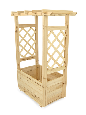Plantenbak met dak van vurenhout met klimrek en pergola, onbeplant in schuin aanzicht