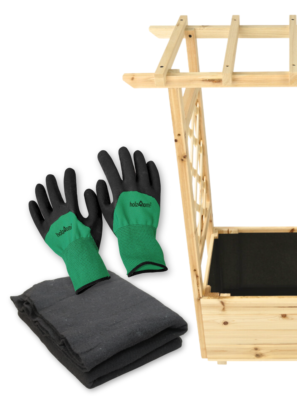 Gratis accessoires bij de plantenbak: tuinhandschoenen en zwarte vliesinleg