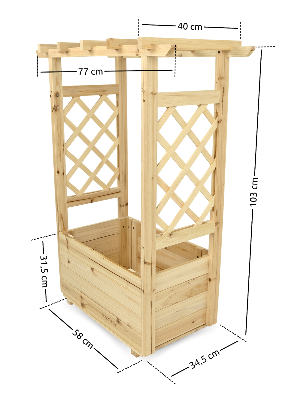 Maattekening plantenbak met dak maat S, 58 cm breed, 103 cm hoog, 34,5 cm diep