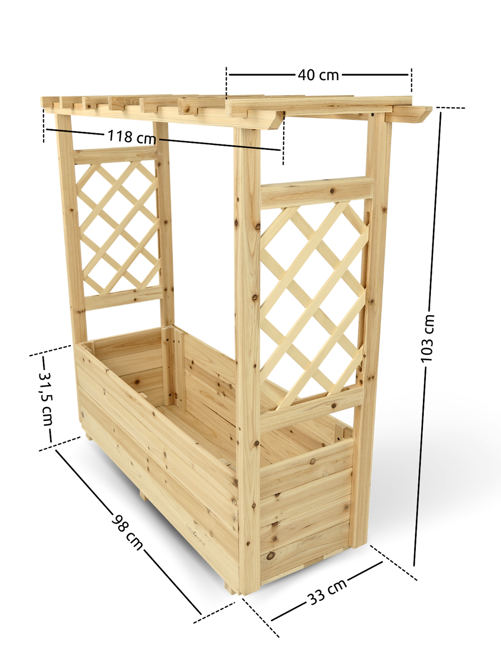 Maattekening plantenbak met pergoladak en klimrek, breedte- en hoogtematen