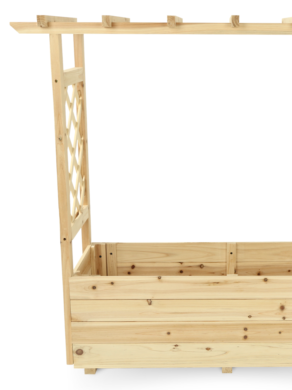 Detailweergave van de planken van vurenhout en de knoestgaten bij de plantenbak