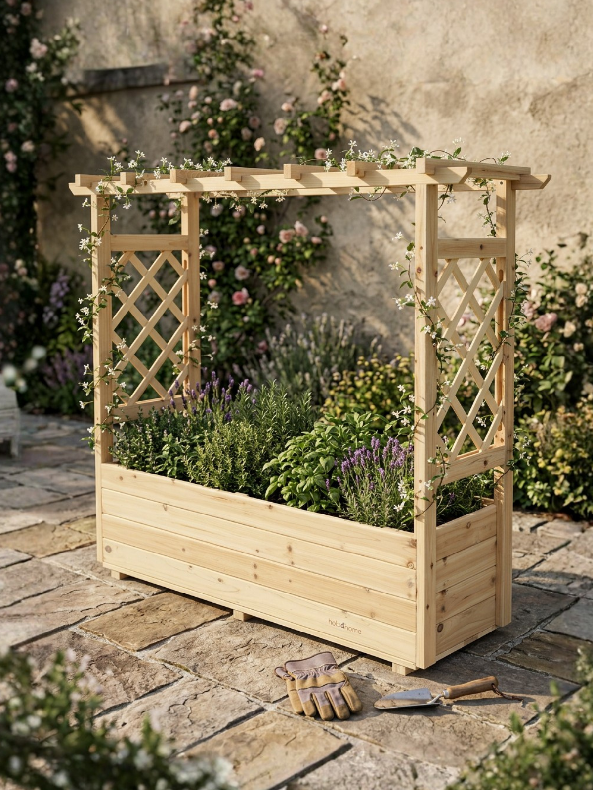 Plantenbak met dak in de tuin, beplant met kruiden en lavendel, klimplanten aan het klimrek