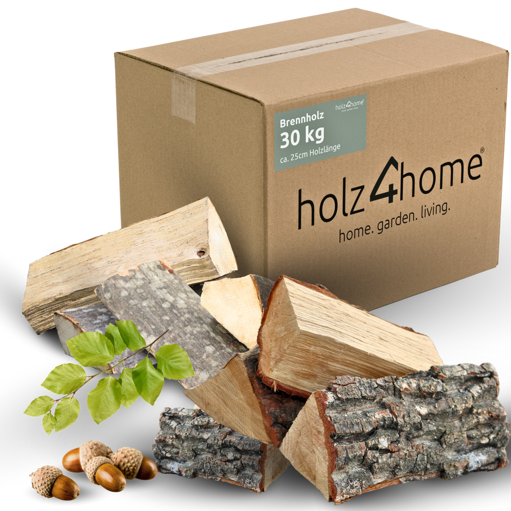 Brandhout mixhout 30 kg in de holz4home-doos met houtblokken van beuken, berken en eiken