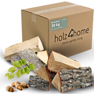 Brandhout mixhout 30 kg in de holz4home-doos met houtblokken van beuken, berken en eiken