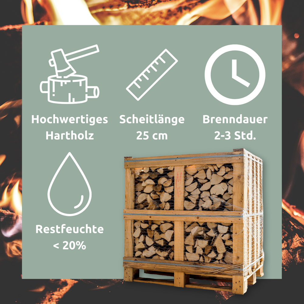 Infografiek brandhout: hardhout, 25 cm bloklengte, brandduur 2-3 uur, restvochtigheid onder 20%