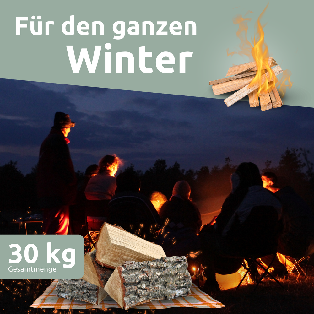 Brandhout mixhout 30 kg bij het nachtelijke kampvuur, gekloofde blokken voor de winter