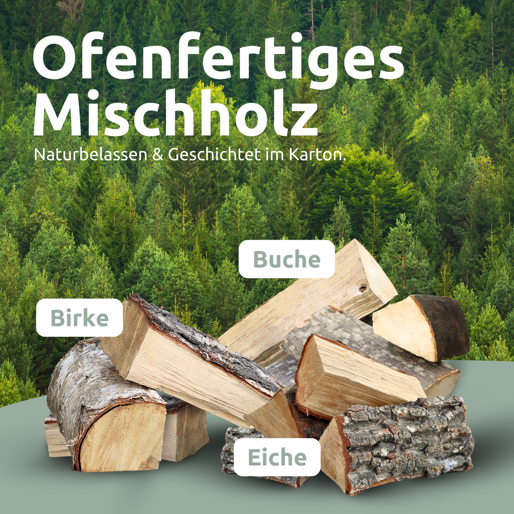 Kachelklaar mixhout van berken, beuken en eiken, gekloofde blokken tegen een bosachtergrond