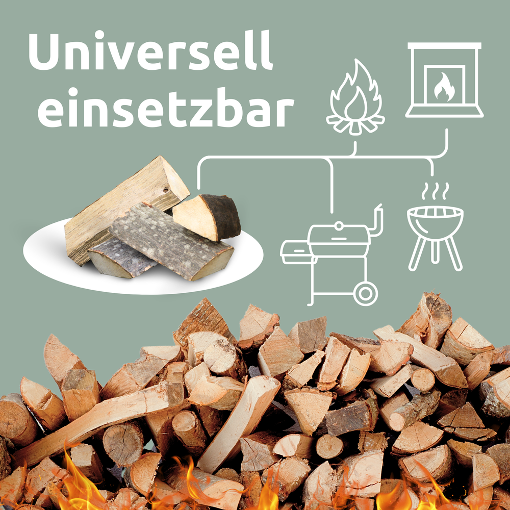 Mixhout universeel inzetbaar voor vuurschaal, open haard, smoker en barbecue, opgestapelde houtstapel