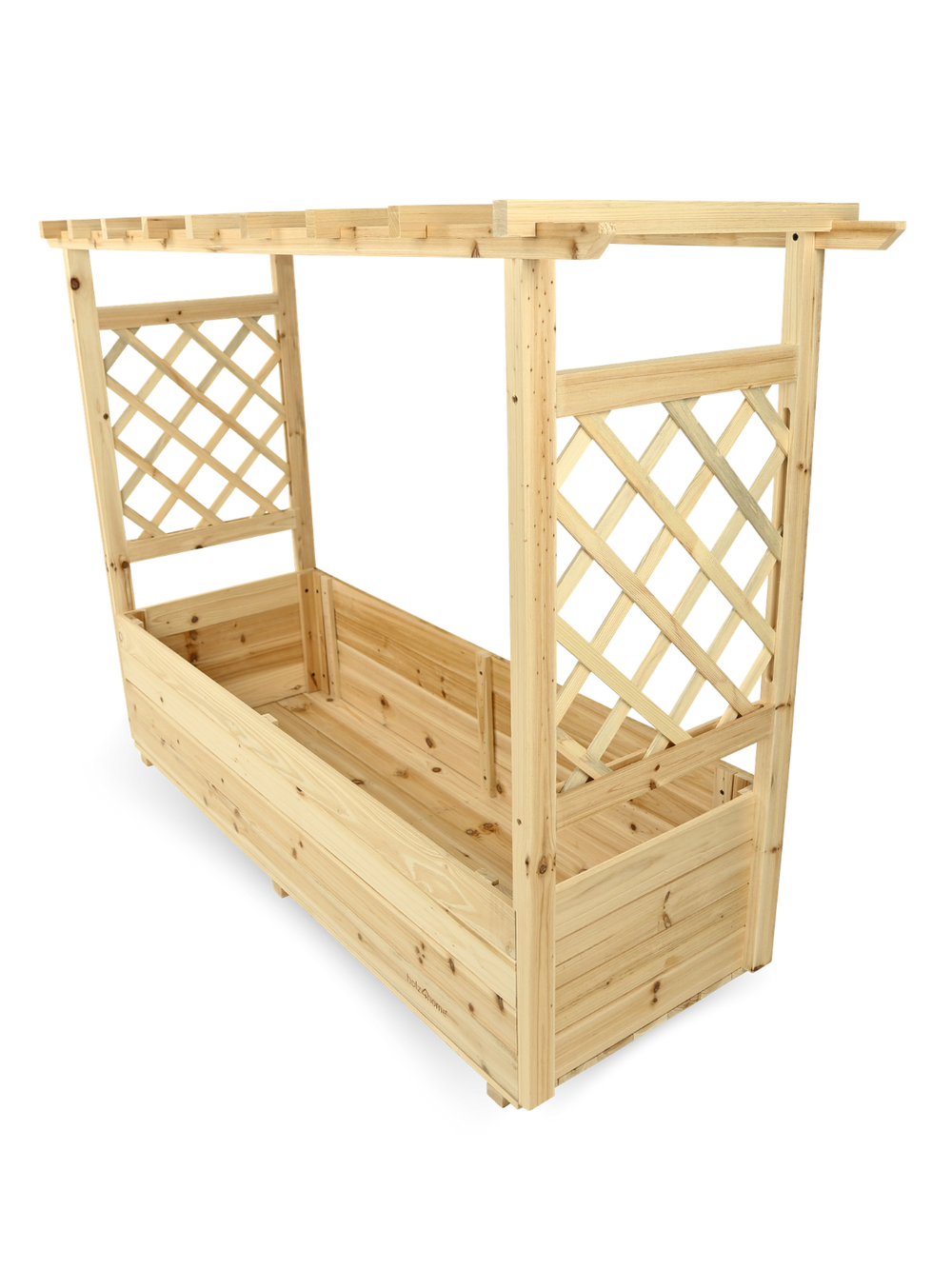 Plantenbak met dak van vurenhout met klimrek, schuin zijaanzicht