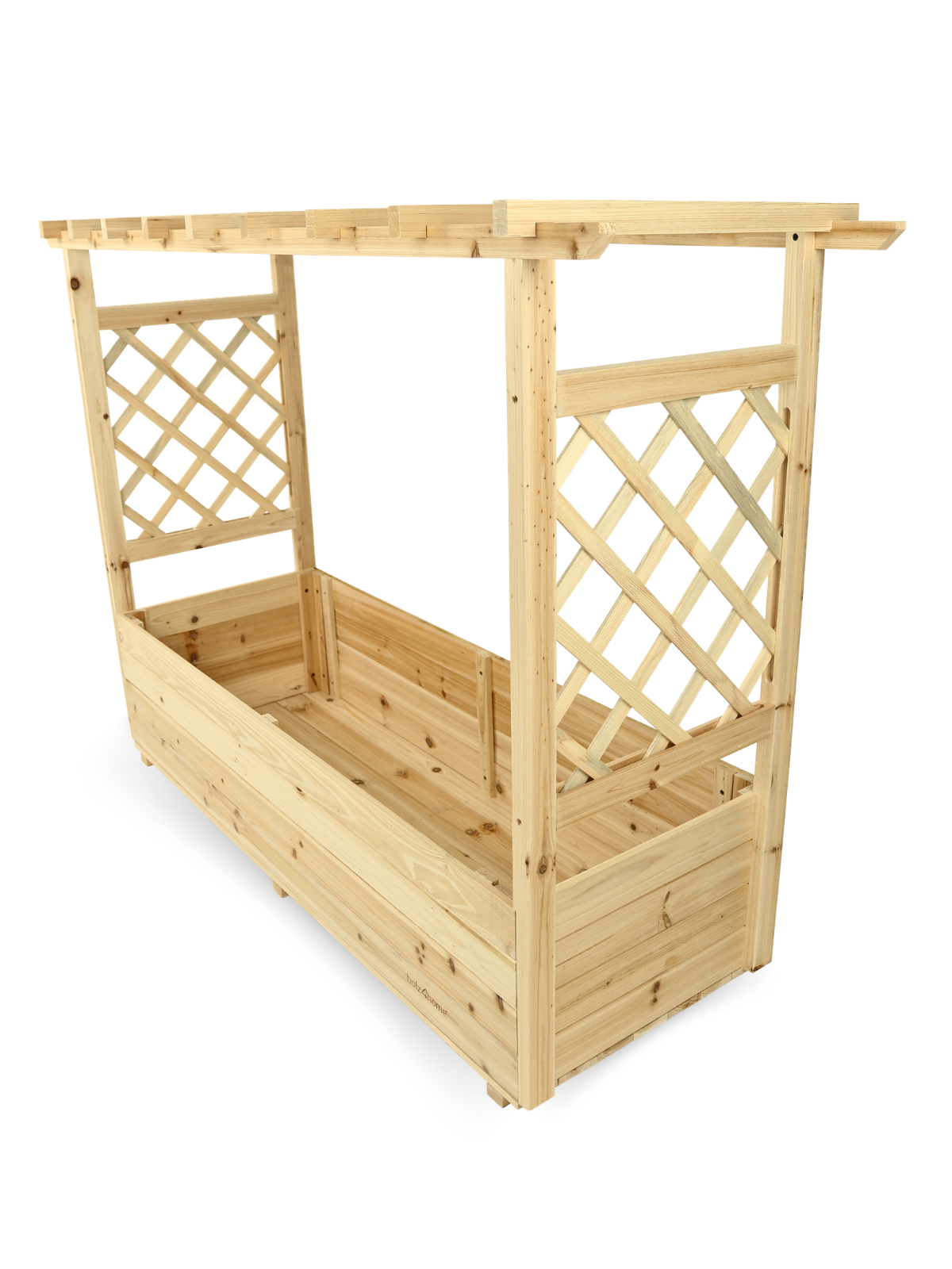 Plantenbak met dak van vurenhout met klimrek, schuin zijaanzicht