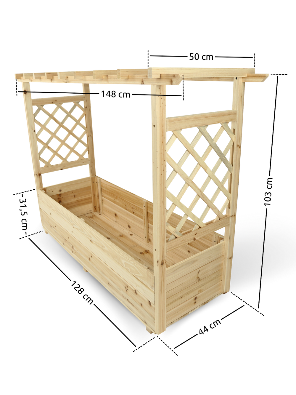 Maattekening plantenbak met dak XL: 148 cm breed, 103 cm hoog, 44 cm diep