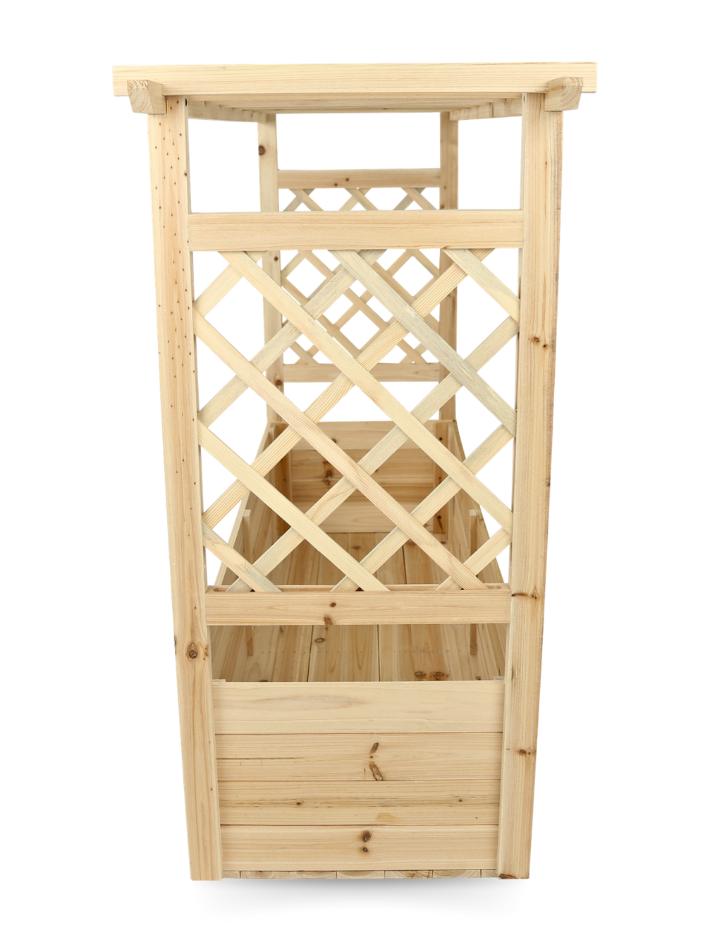 Plantenbak met dak van vurenhout, vooraanzicht met klimrek
