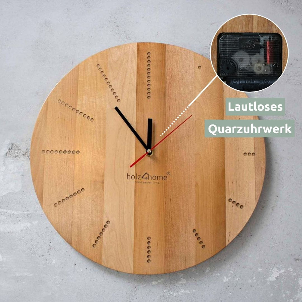 Ronde wandklok Dots van eikenhout met detailweergave van het geruisloze kwartsuurwerk in de uitsnede