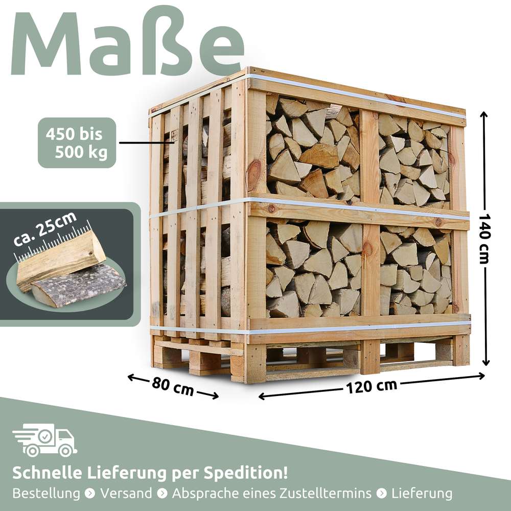 Maattekening brandhoutkist haagbeuk: 140 cm hoog, 120 x 80 cm, 450 tot 500 kg, bloklengte ca. 25 cm